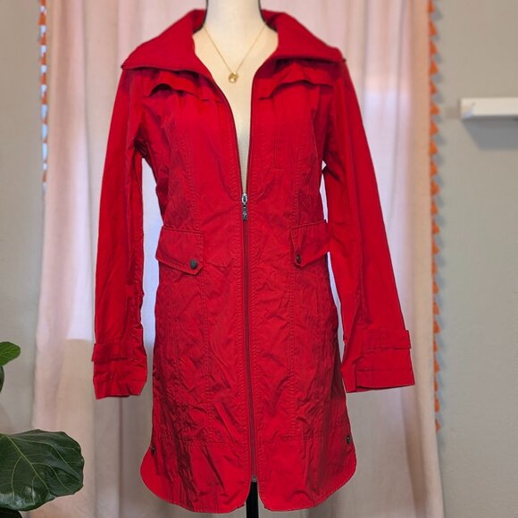Cole Haan Women’s Fall Hooded Rain Jacket Parka with Bow vibrant  Red, Sz Small - Picture 1 of 9